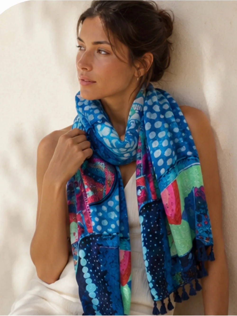 Desigual Blue Patchwork Tassel Scarf | Lightweight Colorful Wrap Shawl